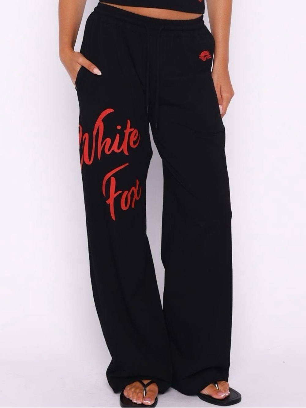White Fox Black Wide-Leg Sweatpants with Red Script